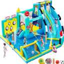 Bounce House Double Slides for Kids 3-10, Large Bounce Castle with Air Blower 550W, Pool, Jumping, Climbing, Balls, Ring Toss, Inflatable Water Park for Birthday Party Holiday Outdoor Indoor