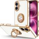Hython for iPhone 16 Case with Ring Stand, 360 Rotatable Ring Holder Magnetic Kickstand, Plating Rose Gold Edge Soft Cover Protective Phone Case for iPhone 16 6.1", White