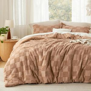 Bedsure Taupe Queen Size Comforter Set, Boho Tufted Bed Set, Checkered Farmhouse-Style Distressed Vintage Bedding, 3 Pieces, 1 Plaid Geometric Comforter and 2 Pillow Shams