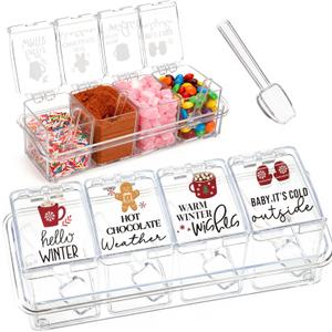 Qinyoung 4 Pcs Hot Cocoa Bar Supplies Clear Acrylic Seasoning Spice Box with Cover and Spoon Cocoa Marshmallows Peppermints Chocolate Chips Storage Container for Christmas Hot Chocolate Bar