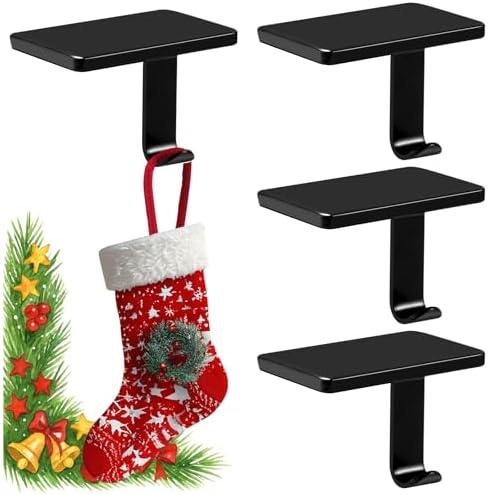 BlissfulTie Christmas Stocking Holders for Mantle Set of 6, Stocking Hangers for Mantel Weighted, Heavy Duty, Flat, for Garland, Fireplace, Wall (Black), 2pct