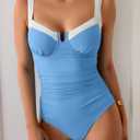 B2prity Women's Underwire One Piece Swimsuits Tummy Control Bathing Suits Push Up Swim Suit Color Block Swimwear (Blue, XXL)
