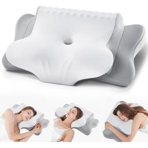 Cervical Pillow for Neck Pain Relief - Cooling Ergonomic Dual-Sided Orthopedic Neck Pillow with Ice Silk Pillowcase, Breathable Memory Foam Contour Pillow for Side, Back, Stomach Sleepers (Light Grey)