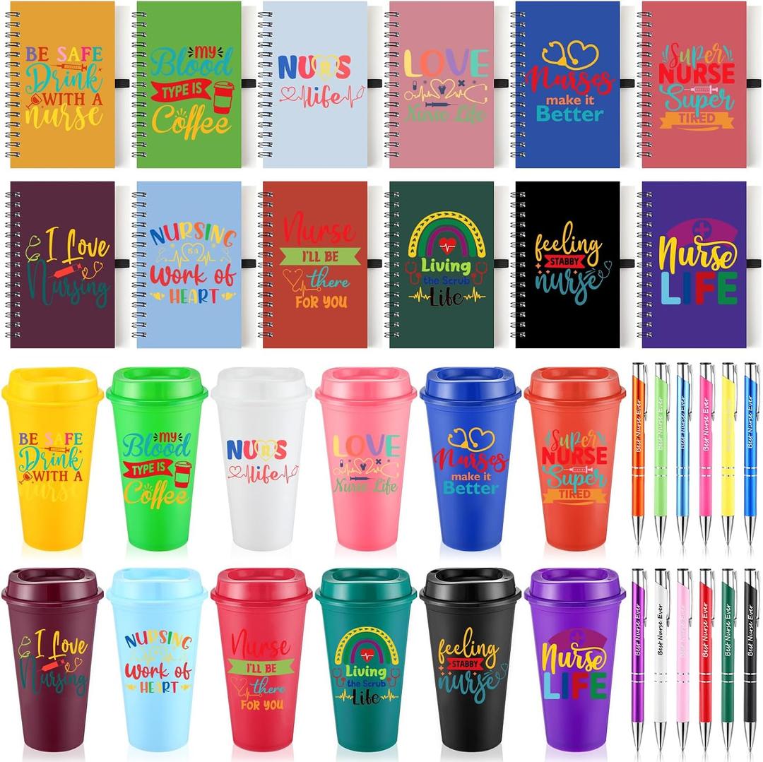 Skylety 36 Pcs Nurse Appreciation Gifts Bulk 16 oz Thank You Nurse Plastic Tumblers with Lids Positive Notebooks and Pens for Women Men Staff Nursing Holiday Office Party Favor(Classic)