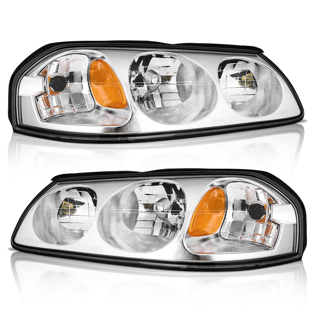 KarSpareHub Headlights Assembly with Bulbs for 2000-2005 Chevy Impala Headlamp Replacement Chrome Housing Amber Reflector Driver & Passenger Side