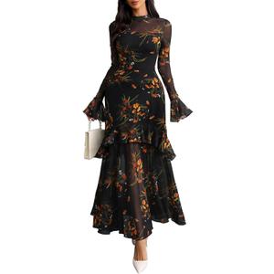 GothDark Womens Floral Maxi Dress Sheer Mesh Bell Sleeve Tiered Ruffle Gothic Romantic Casual Long Dresses (Black, M)