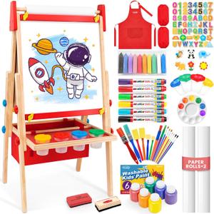 Art Easel for Toddlers Kids, Adjustable Standing Art Easel with Magnetic Chalkboard & Whiteboard, Dry-Erase Board, Paper Roll, Drawing & Painting Easel for Kids Ages 3 4-8 9-12, Red w/Bag