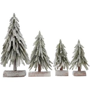 4pcs Mini Christmas Tree Small Separate Spray Snow Christmas Tree with Wooden Bases for Tabletop Winter Village Holiday Decorations