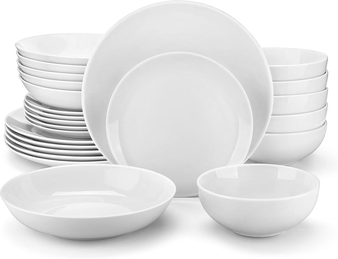 MALACASA 24-Piece Gourmet Porcelain Dinnerware Sets, Modern White Round Dish Set for 6 - Premium Serving Plates and Bowls Sets for Dessert, Salad, Soup, Pasta - Series AMELIA (24 Piece (Service for 6), AMELIA White)