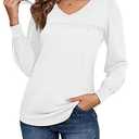 Ficerd Women's Casual Long Sleeve Tunic Tops, V Neck Pleated Long Sleeve Dressy T Shirts Puff Flowy Loose Fit Tee Blouses(White, XXL)