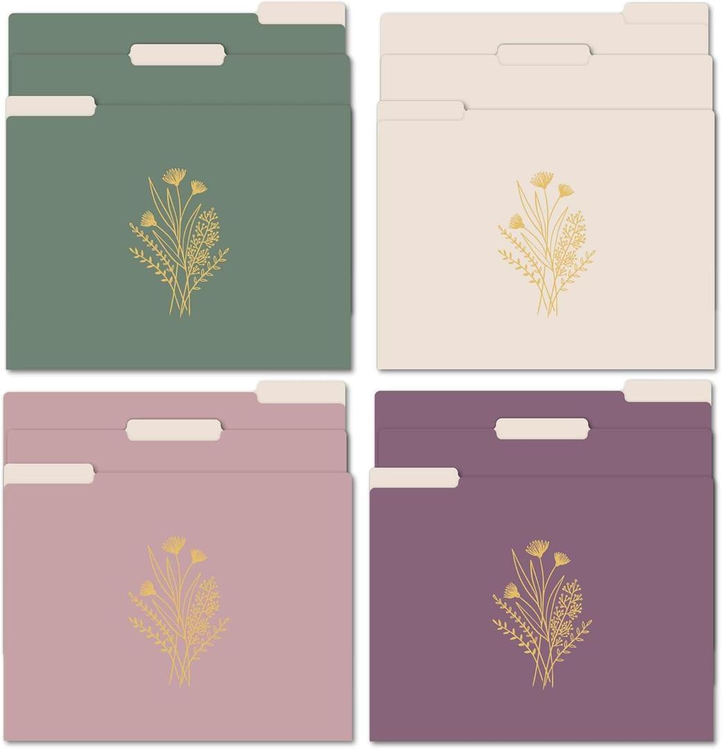 bloom daily planners Decorative File Folders - Set of 12 Letter Size (8.5 x 11) Organizers, 1/3 Cut Tabs - Aesthetic Folders for School & Office - Gold Foil Florals