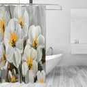 J JOYSAY White Poppy Flower Gray Fabric Shower Curtains with Buttonholes Hooks Water Repellent Washable Cloth Shower Curtain for Hotel Bathroom 72x72 Inch