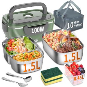 Electric Heated Lunch Box for Adults with 2 Pack 1.5L Containers, Portable 100W 3-IN-1 Fast Heated Lunch Box for Men Women, Portable Heating Food Warmer,12V/24V/110V for Car Truck Office Home Travel (Green/Grey)