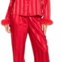 Lordree Women Satin Pajamas Set Feather Trim Long Sleeve Shirt + Pants Heart Print Silk 2 Piece Pjs Set Sleepwear (Medium, Striped Red)