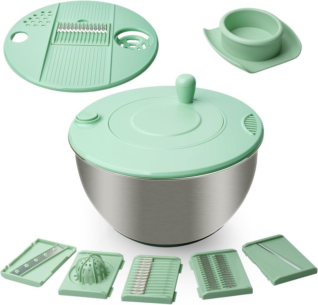4.25 Qt Stainless Steel Salad Spinner Large, Salad Wash Bowl, Fruit & Vegetable Dryer, with 5-Blade Slicer, Egg Yolk Strainer and Shredder for Efficient Salad Preparation and Food Washing