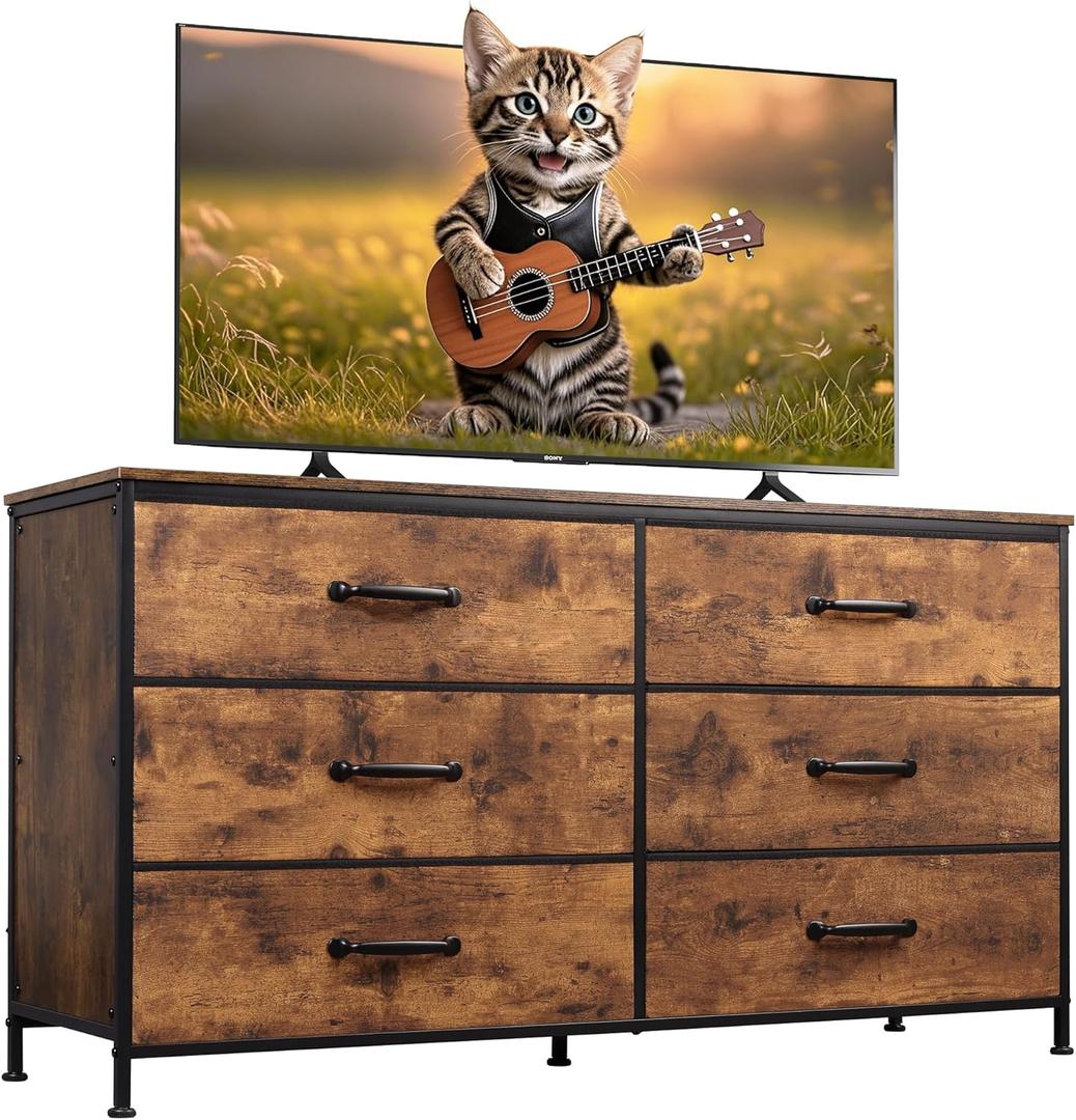WLIVE 6 Drawer Dresser for Bedroom, Wide Fabric Dresser TV Stand for 60" TV, Large Storage Tower Unit with Fabric Bins for Bedroom, Closet, Hallway, Rustic Brown