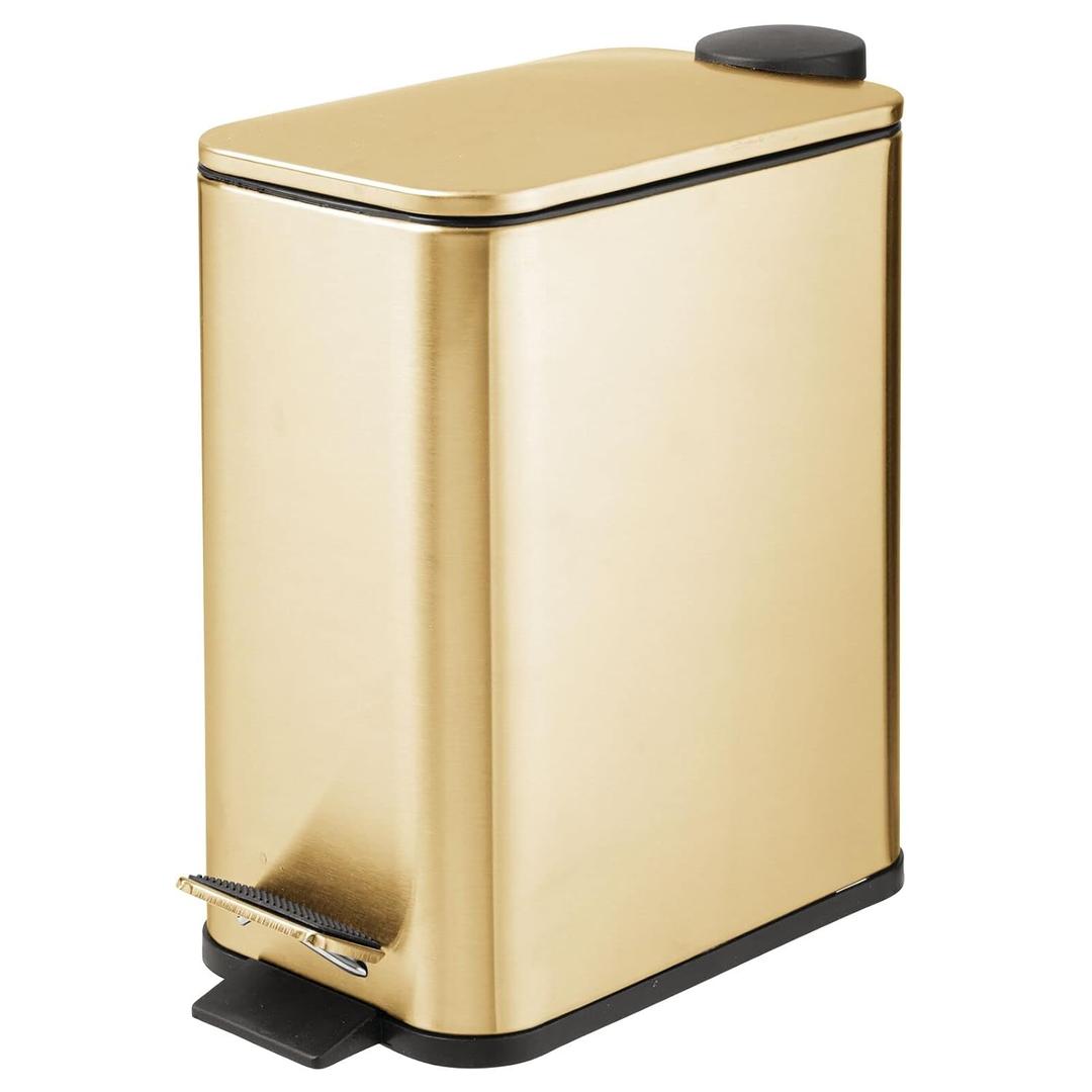 mDesign 1.3 Gallon Rectangular Slim Metal Can w/ Foot Pedal, Easy-Close Lid, Narrow Wastebasket, Garbage Container Bin - Bathroom, Bedroom, Kitchen, Home Office, Removable Liner- Soft Brass