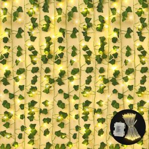 CEWOR 168Ft 24 Pack Ivy Garland Artificial Ivy Vines with Lights, Fake Leaves with 200 LED String Lights, Hanging Plants Greenery Decoration for Bedroom Wall Garden Wedding Party