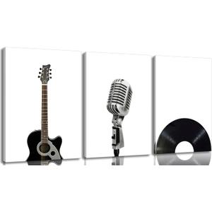 Black And White Music Canvas Wall Art Vintage Musical Instruments Posters Prints Guitar Microphone Record Painting Pictures for Music Room Wall Decor Musical Studio Decor Living Room Framed, 24"L x 16"W