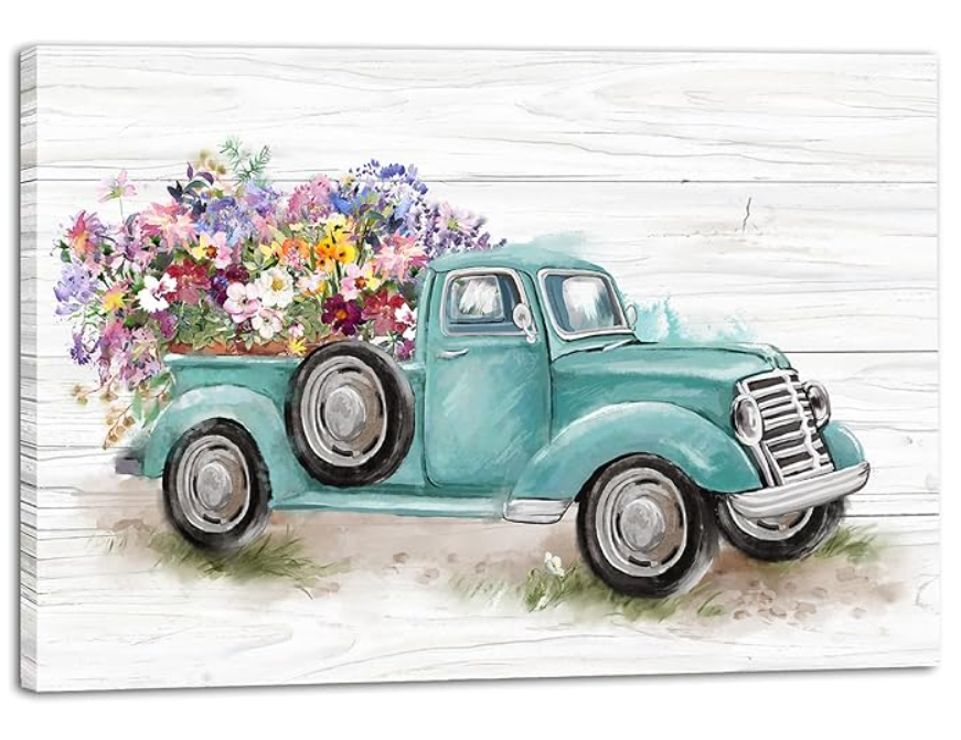 LAIART Old Truck with Flowers Farmhouse Rustic Style Decor Canvas Print Wall Art Bathroom Picture (16"L x 24"W)