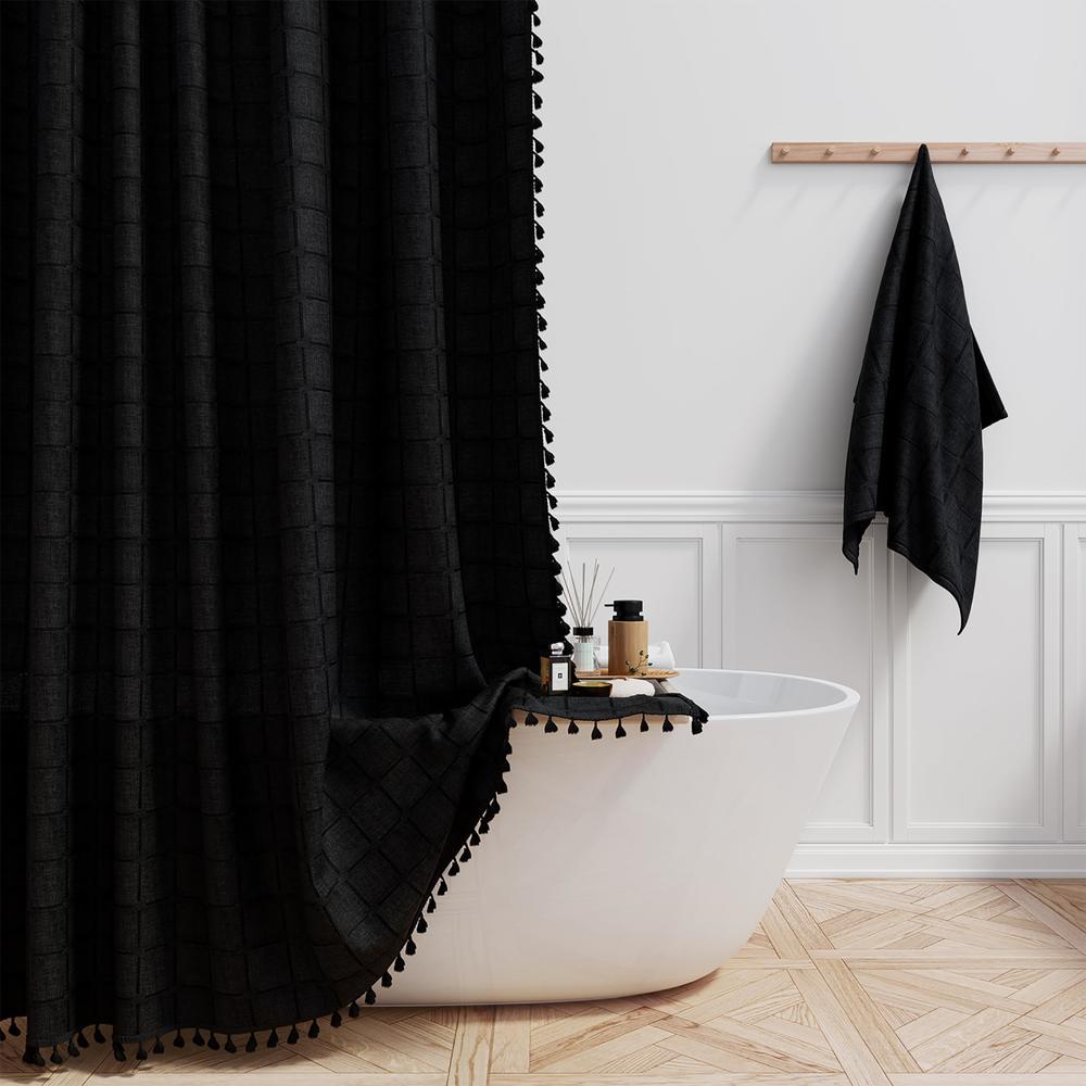 BTTN Stall Fabric Shower Curtain - 54 x 78 Inches Boho Linen Heavy Duty Tassel Shower Curtain Set with 10 Hooks, Narrow Rustic Modern Farmhouse Bohemian Thick Shower Curtains for Bathroom - Black