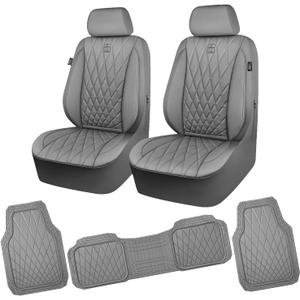 CAR PASS Piping Luxury PU Leather Two Front Car Seat Covers and 3 Pieces Heavy Duty Rubber Deep Dish All Weather Car Floor Mats, Universal Fit for 95% Sedan SUV Van Truck, All Gray