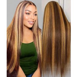 Highlight Ombre Lace Front Wig Human Hair 13X6 Honey Blonde Straight HD Lace Frontal Wig Pre Plucked Tangle-Free 200 Density Brown Wig 4/27 Colored Real Virgin Human Hair 22 Inch