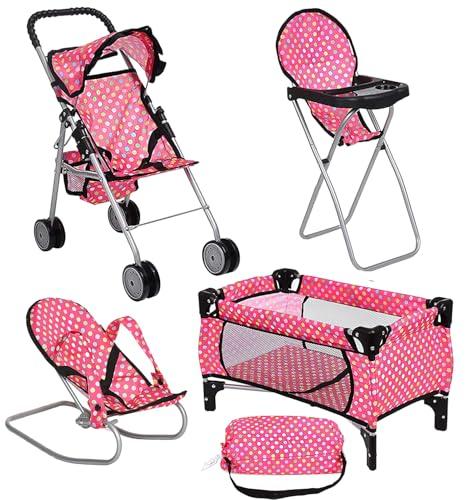 fash n kolor 4 Piece Doll Play Set, Includes - 1 Pack N Play. 2 Doll Stroller 3.Doll High Chair. 4.Infant Seat, Fits Up to 18'' Doll (4 Piece Set)