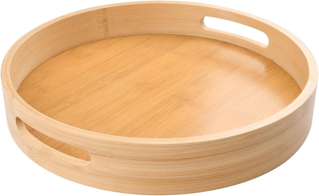 12 inch Round Serving Wooden Tray with Handles, Bamboo Decorative Ottoman Tray Serving for Serving Beverages & Food on Bar Living Room Home Dining Table.