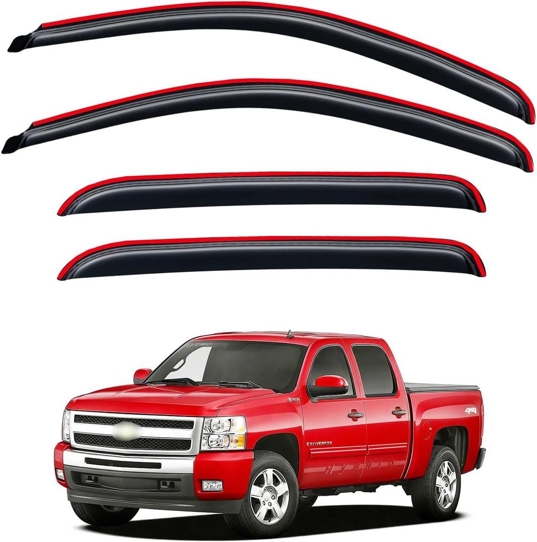 In-Channel Rain Guards for 2007-2013 Chevy Silverado 1500/ GMC Sierra 1500/ Avalanche Crew Cab, Window Visor Shields Vent Deflector Shade Wind Dark Smoke for 07-14 Silverado/Sierra 2500 3500HD