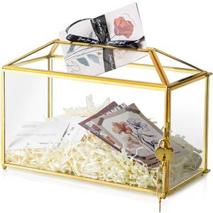 12.6" x 6" x 9" Wedding Card Box with Slot and Lock, Glass Card Holder for Party Reception, Centerpiece, Home Decorative, Gold (Glass Box Only) Slot Length 7.3 Inches