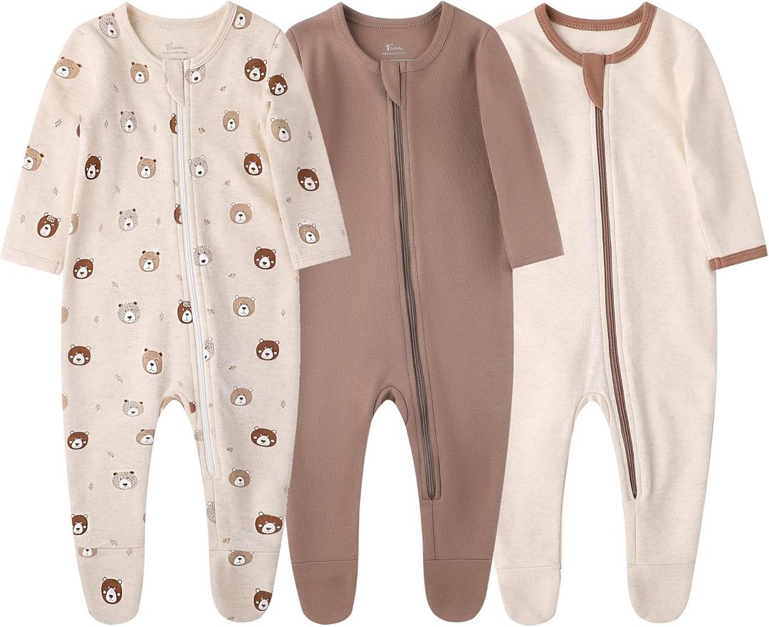 O2 BABY Baby Boys Girls Organic Cotton Zip-Front Sleeper Pajamas, Footed Sleep 'n Play (12-18 Months, Brown & Bear & Oatmeal)