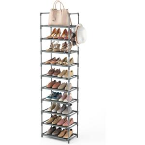 10 Tiers Tall Shoe Rack 20-25 Pairs Boots Organizer Storage Sturdy Narrow Shoe Shelf for Entryway, Closets with Hooks, Grey (10 Tier-68" High-17" Wide)