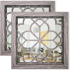 Set of 2 14 Inch Square Brown Window Pane Wall Mirrors, Shatterproof Rustic Farmhouse Boho Vintage Accent Mirrors for Living Room Bedroom Bathroom Entryway