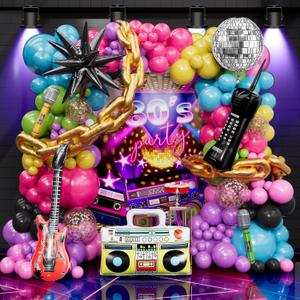 80s 90s Balloon Arch Kit  142 PCS Party Decorations with Starburst Foil Balloon, Boom Box, Disco Ball Chain, Retro Phone & More for 80s & 90s Theme Party Decorations