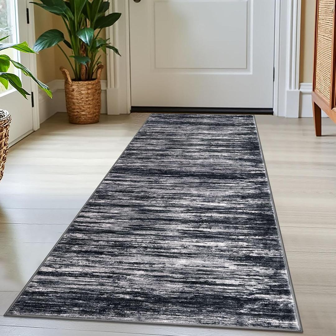 SIILOOM 2x5 Modern Abstract Runner Rug for Hallways, Black Super Soft Hallway Decor Kitchen Rugs with Non-Slip, Non-Shedding Washable Rug for Hallways Entryway Bedroom Indoor