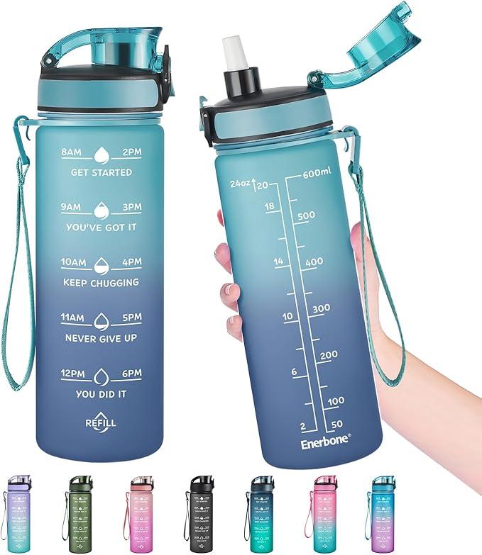 Enerbone Water Bottle, Leakproof BPA & Toxic Free, Motivational Water Bottle with Times to Drink and Straw, Fitness Sports Water Bottle with Strap for Office, Gym, Outdoor Sports,