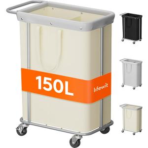 Lifewit 150L Large Laundry Basket with Wheels, Tall 2 Section Laundry Hamper Organizer, Rolling Laundry Cart with Steel Frame & Removable Bag for Luandry Room Bathroom Bedroom, White