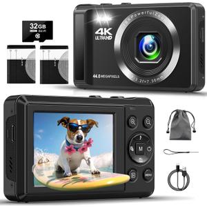 Digital Camera - 4K 44MP UHD Digital Cameras for Photography - Autofocus Point and Shoot Vlogging Camera with 16X Zoom, 32GB SD Card, 2 Batteries - Compact Small Cameras for Kids Teens Boys Girls