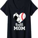 Womens Ball Mom Heart Funny Baseball Soccer Mom V-Neck T-Shirt (Black, S)