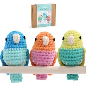 HOUSE CREATIVITY Crochet Kit for Beginners, Make 3 Mini Budgie Birds, Amigurumi Crochet Starter Kit with Step-by-Step Video Tutorial, Yarn, Hook, Eyes & Stuffing, DIY Craft Kit Gift for Adults