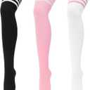 Komorebi 3 Pairs Womens Thigh High Socks Striped Over the Knee High Socks Casual Long Socks Cotton Thigh High Stockings (One Size, 3 Pairs Mixed Color 05)