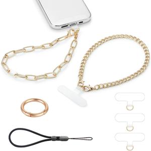 2 pcs Phone Charm with Gold Metal Chain Detachable Phone Lanyard Hand Wrist Smartphone Strap Adjustable Phone Grip Strap with 3 Patches Tether Universal for iPhone 15 Pro Max 14 13 11 Charms