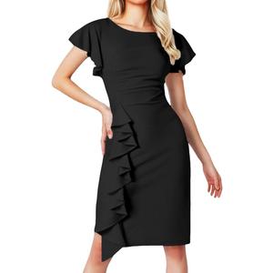 Women's Vintage Church Ruffle Sleeve Ruched Bodycon Work Midi Pencil Dress
 M