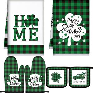 Bencailor 6 Pcs St. Patrick's Day Kitchen Decor Set Kitchen Towels Oven Mitts Pot Holder Irish Hats Truck Shamrocks Lucky Party Gifts Decorations for Home Housewarming