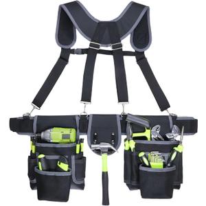 Tool Belt, Tool Belts for Men, 32 to 66 Inches Adjustable Waist, Electrician and Carpenter Tool Belt with Suspenders for Construction and Gardening, Black and Grey