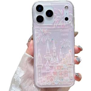 iFiLOVE for iPhone 17 Pro Bling Liquid Castle Fireworks Case, Cute Luxury Sparkle Flowing Glitter Quicksand Shockproof Protective Case Cover for Girls Women Kids (Pink)
