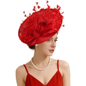 Unpifolov Fascinators Hats Elegant Women Flower Mesh Feathers Wedding Cocktail Bride Headband for Derby Hat Tea Party (One Size, Red)