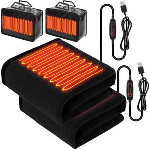 Tuanse 2 Pcs USB Heated Blanket 25"x 35" Heated Car Blanket 5V Portable USB Electric Throw 3 Heat Setting Electric Throw with Timer Temperature Controller for Car Winter Home Office(Black,Shearling)