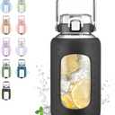 84oz Glass Water Bottle with Stainless Steel Handle,2.5L Gallon Water Bottle with 2-IN-1 Straw Lid, Silicone Sleeve and Motivational Capacity Marker, Wide Mouth Water Jug For Gym, Workout, Black